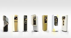 an array of different types of electronic devices in various colors and sizes, all with gold accents