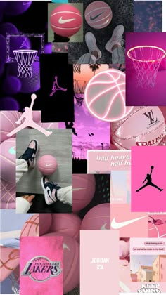 a collage of pink and purple images with basketballs, sneakers, and nike logos