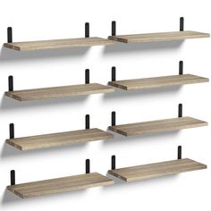 six wooden shelves with black iron brackets