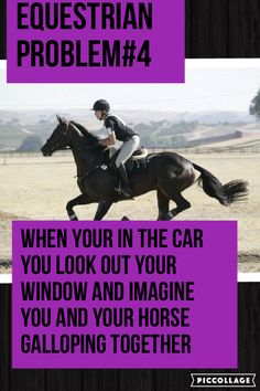 a horse and rider with the caption equestrian problem 4 when your in the car you look out your window and imagine you and your horse galloping together