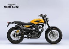 a yellow and black motorcycle is shown on a gray background with the words moto guzzi above it