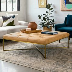 a living room with two couches, a coffee table and a potted plant