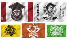 four flags with different designs on them, including one for graduation and the other for university