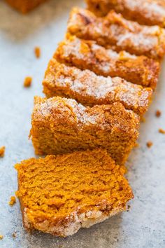 slices of pumpkin bread sitting on top of a table