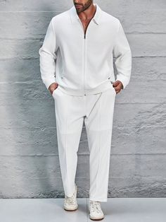 Men's Plus Size Spring & Autumn Long Sleeve Zipper Cardigan Jacket And Trousers, Casual Everyday Outfit White Casual    Plain  Slight Stretch  Men Plus Size Clothing, size features are:Bust: ,Length: ,Sleeve Length: Worship Team, Zipper Cardigan, Plus Size Spring, Trousers Casual, Zippered Cardigan, Outfit White, Men Plus Size, Plus Size Outerwear, Mens Plus Size