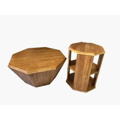 two wooden tables sitting next to each other