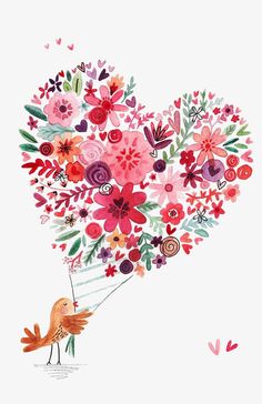 a drawing of a bird holding a heart shaped balloon with flowers and butterflies on it