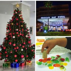 the christmas tree is decorated with red and green ornaments