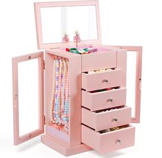 a pink jewelry box with drawers and necklaces