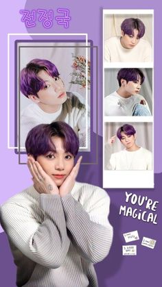 an advertisement with the image of a person wearing purple hair and holding their hands to his face