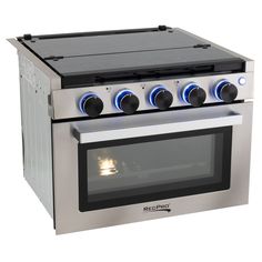 an electric stove with four burners and blue lights on the front, against a white background