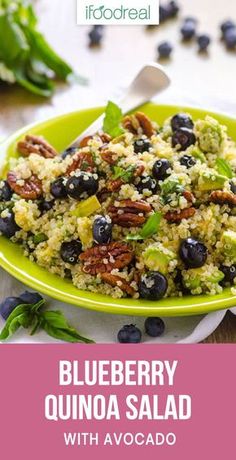 blueberry quinoa salad with avocado on a green plate