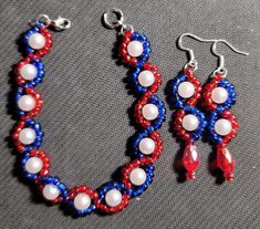 Hand made beaded Red, White (Pearl), and Blue bracelet with matching earrings.  Great for the holidays. White And Blue Bracelet, Blue Bracelet, White Pearl, Red White And Blue, Matching Earrings, Pearl White, Earring Set, Etsy Earrings, Red White