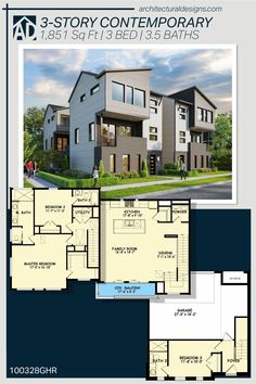 the three story contemporary house plan is shown in blueprints and features two master suites,