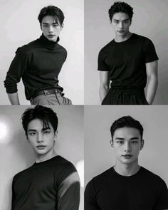 four different shots of a young man in black and white