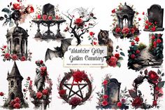 watercolor gothic gothic garden and cemetery clipart set with roses, bats, tombstones