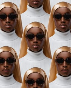 several images of a woman wearing sunglasses and a headscarf, all in different ways