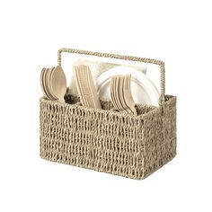 The Flatware Organizer is made of 100% natural material, artisan-crafted over a sturdy iron frame. Features 4 deep storage compartments, 1 large and 3 small. Wicker basket with a handle built on the top frame for easy portability. The tightly woven silverware caddy with a firm bottom prevents cutlery from falling out. The multifunctional outdoor utensil caddy is suitable for storing spoons, forks, knives, napkins, and condiments in the kitchen, on the dining table, and on the camping ground. It… Silverware Holder For Party, Small Wicker Basket, Cutlery Caddy, Silverware Caddy, Camping Ground, Flatware Caddy, Flatware Organizer, Utensil Caddy, Stemware Storage