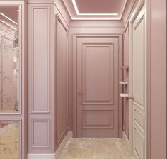 an empty hallway with pink walls and white trim on the doors, carpeted floor