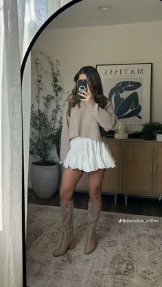 daniellee_esther on tiktok Fall Mini Skirt Outfits With Boots, Outfit With Tan Boots, Hudson Westbrook, Appropriate Summer Outfits, Fall Sunday Outfits, Thanksgiving Outfit 2024, Thanksgiving Outfit Dress, Friendsgiving Outfit Ideas Casual, Modern Modest Outfits