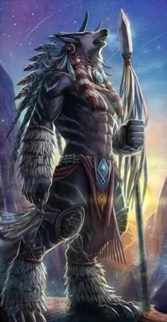 an image of a wolf warrior holding a spear