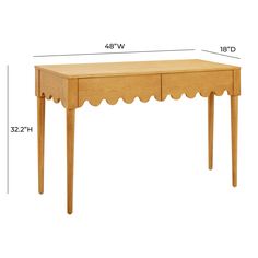 a wooden table with scalloped legs and measurements