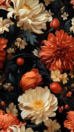 an artistic painting of flowers and leaves on black background with orange, yellow, red and white colors