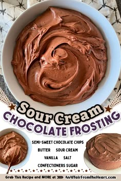 Sour Cream Chocolate Frosting in a white bowl. Chocolate Frosting Made With Choc Chips, Best Chocolate Icing For Cake, Diy Chocolate Frosting, Chocolate Frosting With Chocolate Chips, Light Chocolate Frosting, Chocolate Cake With Sour Cream, Fluffy Chocolate Frosting, Best Chocolate Frosting