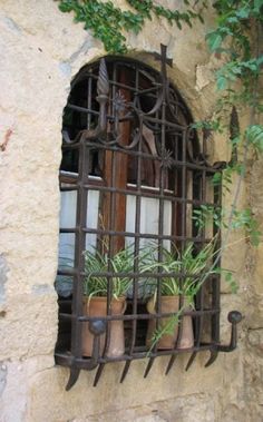 an iron window with potted plants in it