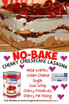 no bake cherry cheesecake lasagna recipe in a glass dish with text overlay