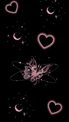 a black background with pink hearts and a butterfly flying through the air in the sky