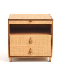 a small wooden cabinet with two drawers on one side and an open drawer on the other