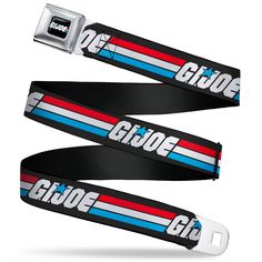 GI JOE Title Logo Stripe Full Color Black/Red/White/Blue Seatbelt Belt - GI JOE Title Logo Stripe Black/Red/White/Blue Webbing Seatbelt Belts Hasbro Seatbelt Belt, Buckles Fashion, Safety Devices, Fashion Belts, Gi Joe, Seat Belt, Chrome Plating, Red White Blue, Workout Pants