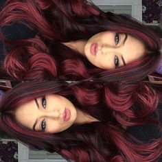 Hair Highlights Different Colors, Fun Dark Hair Color Ideas, Fun Red Hair Color Ideas, Dark Red Ombre Hair, Red Highlights On Dark Hair, Red Highlights, Burgundy Hair, Ombre Hair Color