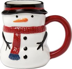 a ceramic snowman mug with a red scarf around it's neck