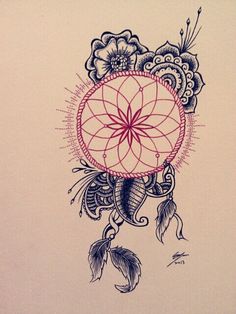 a drawing of a dream catcher with feathers and flowers