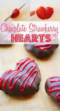 chocolate strawberry hearts are on a cutting board