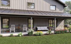 a rendering of a house with porches and rocking chairs on the front lawn area