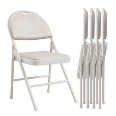 white folding chairs next to each other on a white background with the same chair in front of them