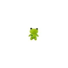 a small green frog toy sitting on top of a white floor next to a wall