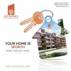 an advertisement for a home is shown with a key in the shape of a house