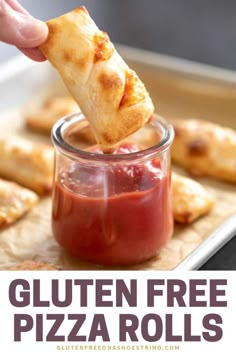 a person dipping sauce into a jar with pizza rolls in it and text overlay reading gluten free pizza rolls