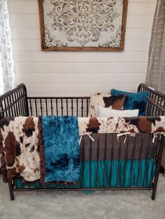 Girl Crib Bedding- Cow Minky Ranch Collection - DBC Baby Bedding Co Minky Pillow, Teal Bedding, Western Bedding, Rail Guard