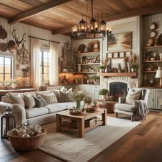 a living room filled with lots of furniture and decor on top of a wooden floor