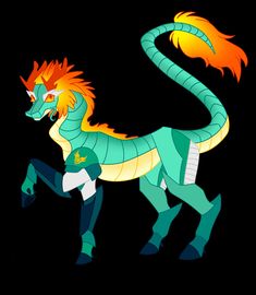 a green and yellow dragon with orange hair on it's head, standing in front of a black background