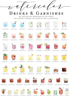 watercolor drinks and garnishes are shown in this printable poster, which includes