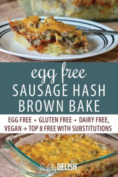 egg free sausage hash brown bake is shown on a plate with the text overlay