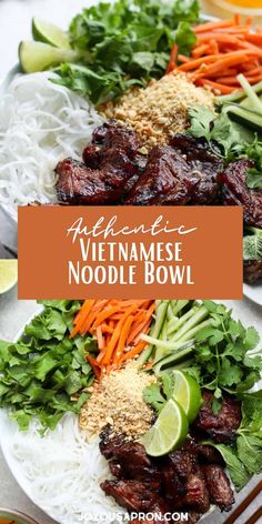 vietnamese noodle bowl with carrots, lettuce and other vegetables on the side