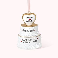 three tiered wedding cake ornament with personalized names and heart on top