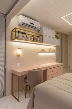 a bedroom with a bed, desk and air conditioner